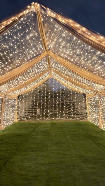 Canopy With Lights Outdoor Party, Tent With Draping And Lights, Outside Party Lights, Lights Party Decorations, Backyard Tent Birthday Party, Twinkle Lights Birthday Party, Outdoor Tent With Lights, 18th Backyard Party, Tent With Lights Wedding