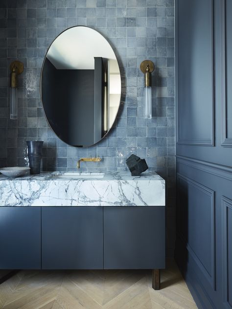 Moody Bathroom, Blue Bathrooms Designs, Disc Interiors, Mrs Smith, Est Living, Zellige Tile, Blue Bathroom, Home Bathroom, Design Magazine