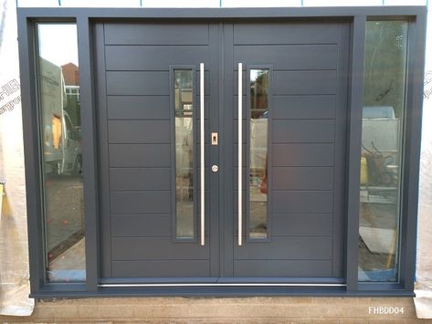 contemporary double doors grey with fingerprint reader Front Doors Uk, Double Front Entry Doors, Double Door Entryway, Modern Exterior Doors, Contemporary Front Doors, Contemporary Doors, Double Door Design, Modern Front Door, Double Front Doors