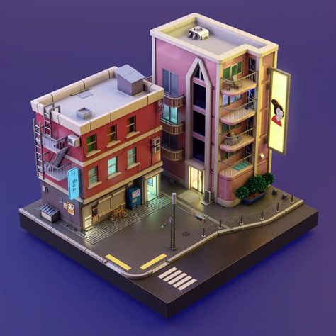 New York Buildings, 3d Modeling Tutorial, Portfolio Design Layout, Isometric Art, Isometric Design, Isometric Illustration, Low Poly Art, 3d Building, Low Poly Models