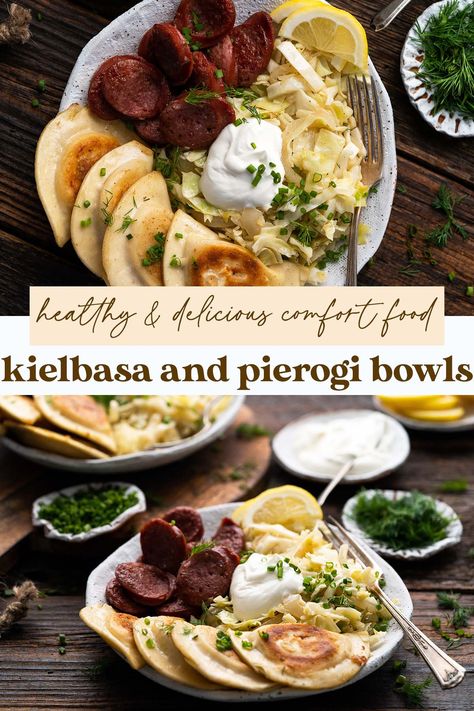 Pierogi Kielbasa Cabbage, Perogies Cabbage And Sausage, Perogies Kielbasa Recipe, Cabbage Perogies Recipe, Brats And Pierogies, Pierogis And Kielbasa, Pierogi Meal Ideas, What To Serve With Perogies, Kielbasa And Perogies Recipes