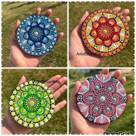 "These colorful dot mandala coasters painted with acrylic paint sealed with Glossy varnish,I use high quality acrylic paints and varnish  - Easy to use and maintain - Lightweight - Durable (Varnished for protection) - Personalised  Would make beautiful gift for yourself and your loved ones.  MANDALA DOT PAINTING Has Many Therapeutic Benefits Such as Increasing Focus and Calming Your Mind. Mandalas meaning CIRCLES in Sanskrit. Are sacred symbols that are used for #MEDITATION #PRAYER #HEALING And Colorful Coasters, Hand Painted Coasters, Simple Flower Rangoli, Mandala Coasters, Mandala Dot Painting, Painting Coasters, Painted Coasters, Coasters Wood, Lotus Painting