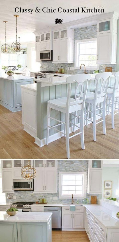 Beach Home Renovation, White Beachy Kitchen, Shore House Kitchen, Beach Style Interior Design, Beach Interior Design Coastal Style, Coastal Kitchens Beach Houses, Beach House Kitchen Ideas, Beach House Kitchen Cabinets, Beachy Kitchen Ideas