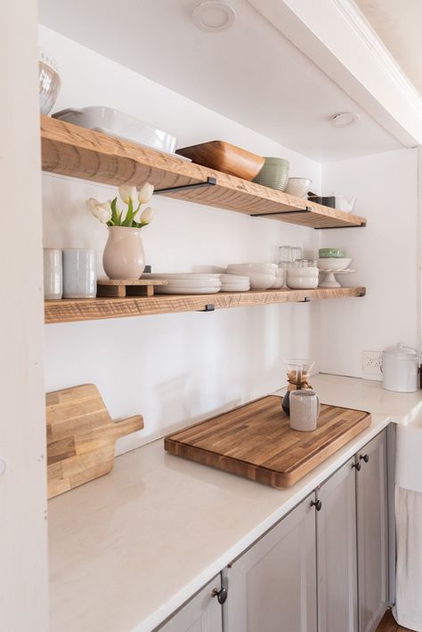 Kitchen Long Shelves, Rough Wood Shelves, Kitchen Live Edge Shelves, Kitchen Long Shelf, Long Shelves In Kitchen, Long Shelf In Kitchen, Long Shelf Kitchen, Rangehood Shelves, Long Floating Shelves Kitchen