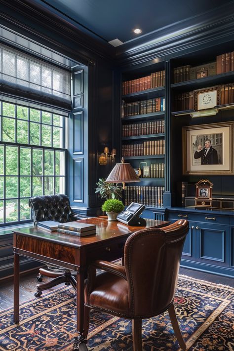 Stylish Home Office Ideas Law Library Office, Traditional Law Office Design, Dark Blue Office Aesthetic, Gentleman’s Study, English Office Design, Man's Office Ideas, Men’s Small Office, Coach Office Ideas, Dark Blue Study