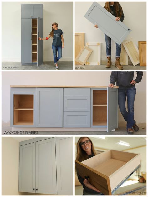 Cabinet Design Ideas Bedroom, Shop Building Plans, Woodshop Diaries, Standard Cabinet, Diy Porch Swing Bed, Cabinet Building, Living Room Garage, Cabinet Sizes, Outdoor Shelves