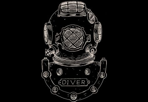 Vintage Deep Sea Diver Helmet Illustration on Dark  Artwork Kirby Morgan Helmet, Vintage Deep Sea Diver, Deep Sea Diver Helmet, Dive Helmet, Helmet Illustration, Diver Helmet, Dark T Shirt, Diver Art, Holy Diver