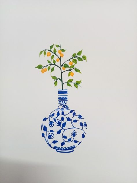 Greek Flowers Drawing, Kumquat Drawing, Italian Vase Tattoo, Blue Willow Tattoo, Blue Vase Tattoo, Sicilian Tattoos For Women, Chinoiserie Tattoo, Greece Inspired Tattoo, Chinese Vase Tattoo