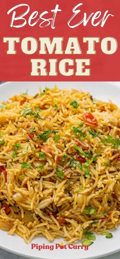 Tomato Rice is a quick, one-pot meal that's perfect for busy days and lunchboxes. Ready in under 30 minutes, it’s tangy, flavorful, and effortless to make in an Instant Pot or on the stovetop. This family favorite is sure to become a go-to recipe! | Thakkali Sadam | pipingpotcurry.com Tandoori Rice Recipe, Tomatoes And Rice, Rice And Tomato Recipe, Tomato Rice Recipe, Tomato Rice Recipe Indian, Tomato Rice Indian, Tomato Basil Rice, Indian Tomato Rice, Onion Rice Recipe