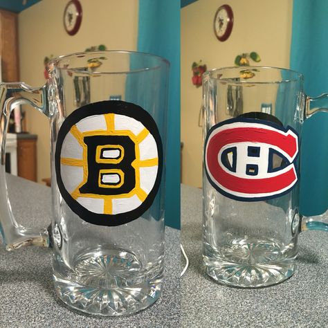 Bruins/Canadiens hand painted beer mug Diy Beer, Painted Glassware, Painted Glasses, Painting Glassware, Beer Mugs, Sport Bottle, Paint Ideas, Chicago Bears, Stone Art