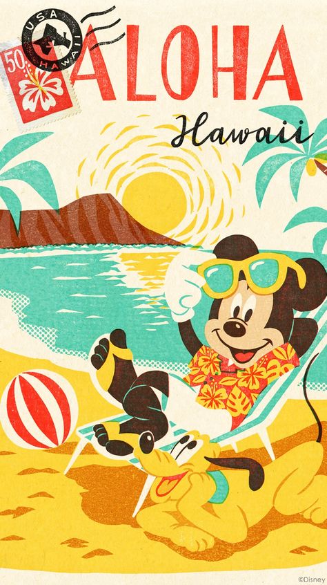 Disney Posters Aesthetic, Retro Disney Posters, Retro Disney Aesthetic, Disney Summer Wallpaper, Vintage Disney Wallpaper, Disney World Art, Vintage Disney Art, Vintage Disney Posters, Disney Hawaii