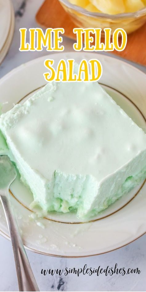 You will love this refreshing Vintage Lime Jello Salad. With only 5 ingredients (and water) it is so easy to make to serve a crowd. #limejello #limejellosalad #vintagelimejellosalad #7upsalad #7upjellosalad #limejellosaladwithpineapple #limejellosaladwithpineappleandcoolwhip #limegreenjellosalad #recipe #simplesidedishes Jello Cool Whip Salad, Lime Jello Recipes, Lime Jello Salad, Jello Pudding Desserts, Jello With Cool Whip, Green Jello Salad, Lime Jello Salads, Jello Mold Recipes, Jello Dessert Recipes