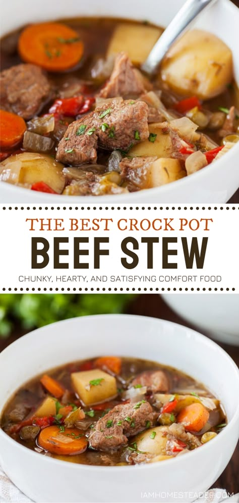 Looking for comfort food recipes to try this fall? Nothing can be more satisfying than this chunky and hearty Crock Pot Beef Stew! Just throw this recipe together in the morning, and this main dish will be waiting for you when you get home. Save this dinner idea! Crock Pot Beef Stew, Crock Pot Beef, Crockpot Recipes Beef Stew, Slow Cooker Stew, Beef Stew Crockpot, Pot Beef Stew, Slow Cooker Beef Stew, Crockpot Recipes Beef, Hearty Meal