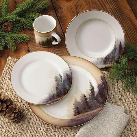 Rustic Wildlife Dinnerware Sets with Moose & Bear Designs Rustic Dinnerware, Black Forest Decor, Ceramic Dinnerware Set, Forest Decor, Rustic Cabin Decor, Tassen Design, Misty Forest, Lodge Decor, Ceramic Dinnerware