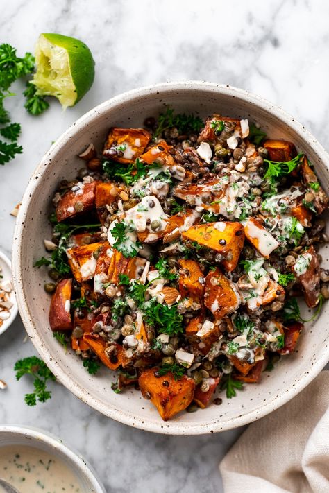 Tahini Grain Bowl, Sweet Potato Farro Salad, Potato Lentil Salad, Fall Lunches, Fall Vegetarian Recipes, Herbed Potato Salad, Roasted Lentils, Lazy Lunch, Food Rainbow