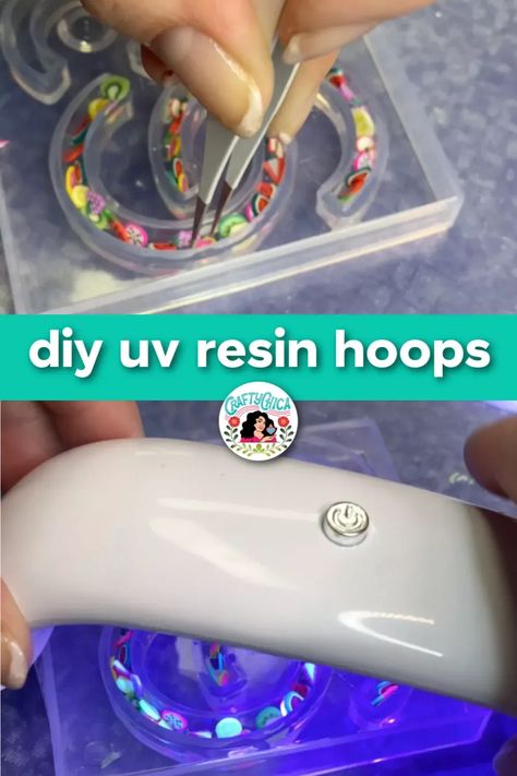 This is such a fun project for beginners! Use UV resin to make hoop earrings. Uv Resin For Beginners, Uv Resin Earrings Tutorial, Uv Resin Crafts For Beginners, Diy Resin Earring Ideas, Resin Earrings Diy How To Make, Make Hoop Earrings, Resin Earrings Diy, Resin For Beginners, Uv Resin Crafts