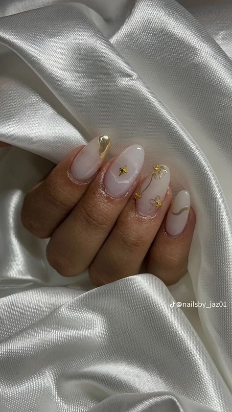 Cute Anniversary Nails, 22nd Bday Nails, Milky White Nails With Rhinestones, Anniversary Nails, Bday Nails, Summery Nails, Nails Inspo, Gold Nails, Rhinestone Nails