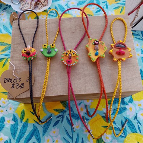 Funky bolo ties made with polymer clay 💛 ig: fossilandflora Polymer Clay Bolo Ties, Clay Bolo Tie, Roanoke Virginia, Bolo Ties, Bolo Tie, Bits And Bobs, Sticker Shop, To Do List, Fossil