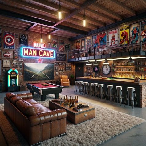 Small Sports Man Cave Ideas, Game Room In Garage, Garage Bar With Pool Table, Garage Sports Cave, Mini Mancave Ideas, Perfect Game Room, Brick Wall Game Room, Finished Garage Ideas Man Cave, Underground Man Cave