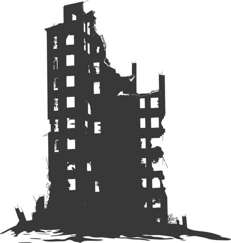 AI generated silhouette abandoned buildings black color only Post Apocalyptic Buildings, Destroyed Building Drawing, Crumbling Buildings, Building Silhouette, Abandoned City, Abandoned Town, Invisible Cities, Building Drawing, Building Illustration