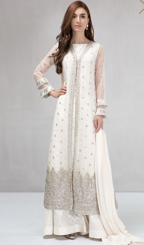 Milad or dua e khair outfit inspo ( maria b is the designer ) Pakistani White Dress, Net Shrug, Salwar Fashion, White Dress Girl, Brocade Suits, Pakistan Dress, Sharara Pants, Shadi Dresses, Velvet Shawl