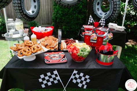 Race on Over to this Modern 'Grand Three' Race Car Birthday! | CatchMyParty.com Grand Three Birthday, Food For Race Car Birthday, Race Car Themed Food, Need Four Speed Birthday, Car Birthday Party Ideas, Race Car Birthday Party Ideas, Race Theme, Birthday Party At Park, Car Birthday Party