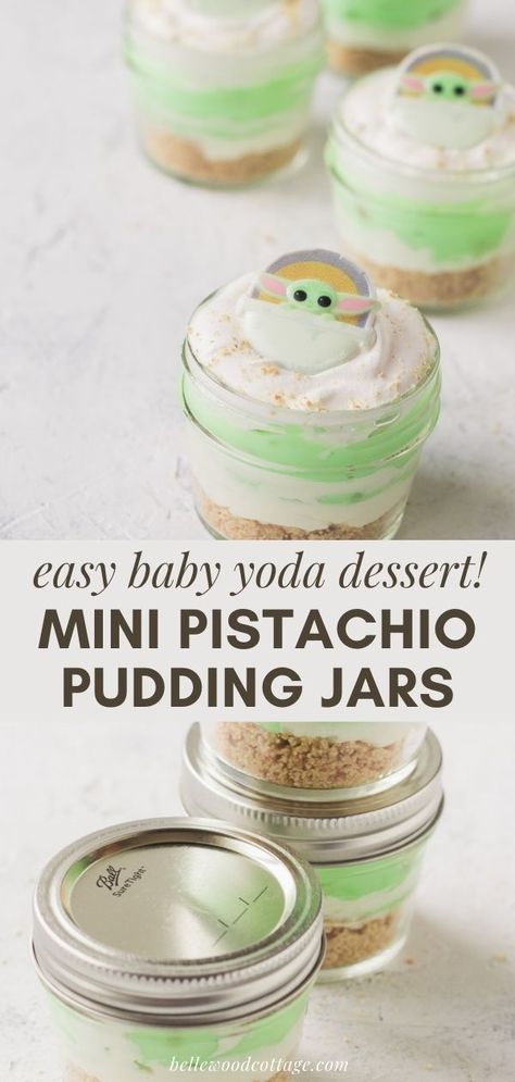 Yoda Dessert, Space Desserts, Pistachio Desserts, Graham Dessert, Pistachio Dessert Pudding, Baked Graham Cracker Crust, Yoda Birthday, Jar Desserts, Pistachio Dessert