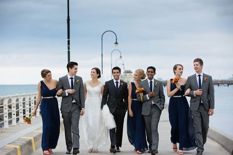 Grey Tux Groomsmen, Party Color Schemes, Tux Groomsmen, Wedding Colour Schemes, Bridal Party Color Schemes, Navy Groomsmen, Grey Tux, Ideas Wedding Party, Bridal Parties Colors