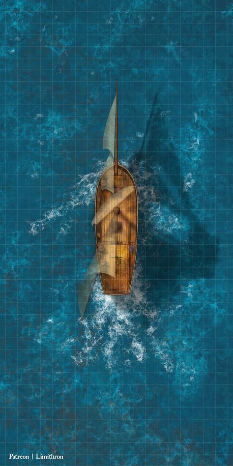 A small Pirate Sloop out at on the ocean. Free Battle Map. #limithron #battlemap #map #rpg #ttrpg #roll20 #vtt #foundry #dnd #pathfinder #5e #free #pirate #pirates #pirateship #ship #sailingship #sloop #sea #caribbean #ocean #pathfinder Dnd Sea Battle Map, Ship Battlemap Dnd, Dnd Boat Map, Boat Battle Map, Dnd Ocean Map, Ocean Battlemap, Dnd Ship Battle Map, Dnd Ship Map, Dnd Ocean