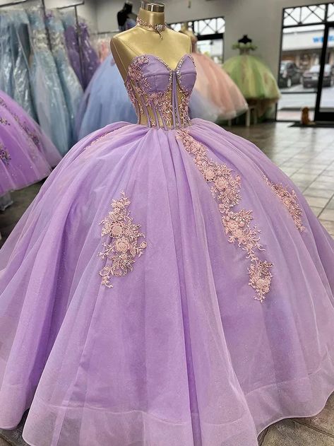 Angelsbridep Lilac Sweetheart Quinceanera Dresses for Women Tulle Lace Appliques Ball Gown Strapless Sweet 16 Dress, Dresses Quinceanera, Strapless Corset, Sweet 16 Dresses, Dress 16, Tulle Lace, Party Gowns, Quinceanera Dresses, Lace Applique