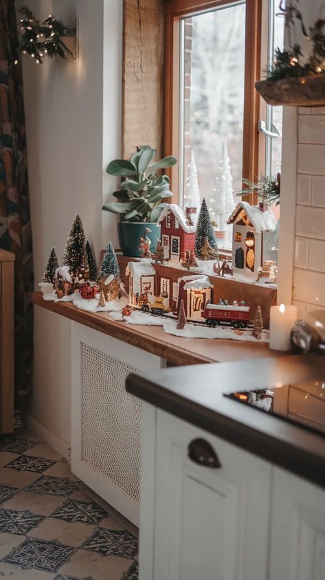 14 Best Christmas Decor Ideas for Your Kitchen Christmas Kitchen Decor Ideas, Frosted Garland, Miniature Christmas Tree, Boho Christmas Decor, Christmas Village Display, Pine Cone Decorations, Village Display, Cute Miniature, Miniature Christmas Trees