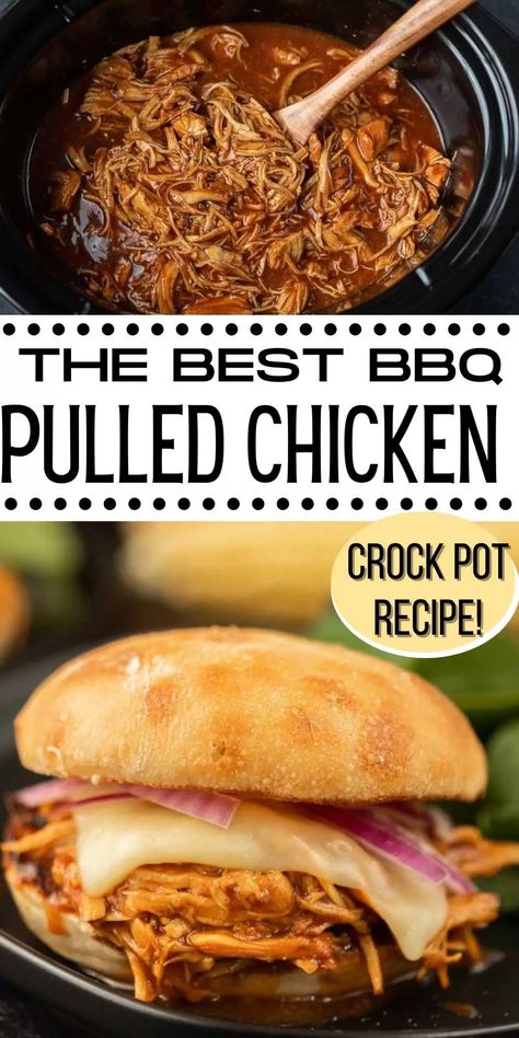 CROCK POT BBQ PULLED CHICKEN Recipe - Try this easy crock pot BBQ pulled chicken for your next meal. These BBQ chicken sandwiches tastes great and are simple to make. You will love this classic slow cooker BBQ chicken recipe! #eatingonadime #crockpotrecipes #slowcookerrecipes #pulledchicken #bbqchicken Crockpot Pulled Chicken Bbq Easy Recipes, Pull Bbq Chicken Crock Pot, Pulled Chicken Crock Pot Recipes Bbq, Pulledchicken Bbq, Sides For Bbq Pulled Chicken, Crock Pot Pulled Chicken Bbq, Pulled Chicken Crock Pot Recipes Easy, Bbq Chicken With Rotisserie Chicken, Crockpot Bbq Chicken Sandwiches