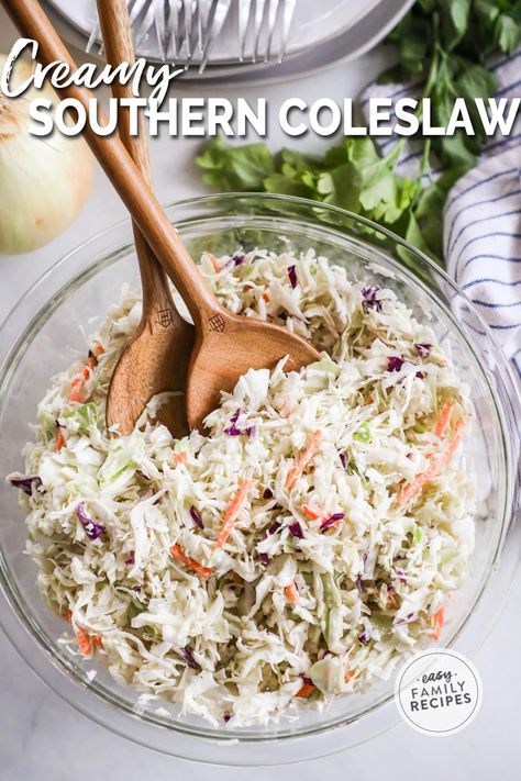 Easy coleslaw in minutes! This quick and simple Southern Coleslaw recipe features colorful shredded cabbage in a creamy and tangy coleslaw dressing for a Southern Coleslaw that’s perfect for BBQs, potlucks, and parties. You’ll love this creamy coleslaw for an easy salad side for family dinners too. This sweet and tangy Southern Coleslaw recipe is one for the keeper files! Tangy Coleslaw Dressing, Home Made Coleslaw, Southern Coleslaw Recipe, Quick Coleslaw, Tangy Coleslaw, Southern Coleslaw, Spicy Pulled Pork, Asian Steak Bites, Easy Coleslaw