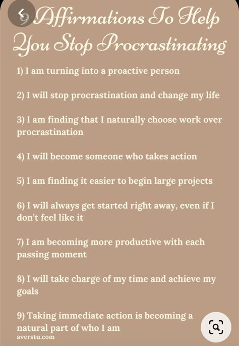 Procrastination Affirmations, Stop Procrastinating, Positive Living, Daily Positive Affirmations, How To Stop Procrastinating, Morning Affirmations, Self Love Affirmations, Positive Self Affirmations, Love Affirmations