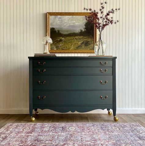 Restored Antique Dresser, Green Dresser Makeover, Dresser Flip, Charleston Green, Primary Bed, Antique Farm Table, Green Bedroom Furniture, Dresser Hardware, Moody Bedroom Ideas