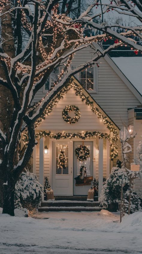 Outdoor House Lights Christmas, Exterior Winter Decor, White Light Christmas Decor Outside, Christmas Outside Aesthetic, Christmas Decor House Exterior, Christmas Lights Exterior House, Vintage Christmas Outdoor Decorations, Colorful Outdoor Christmas Lights, White Christmas Lights On House