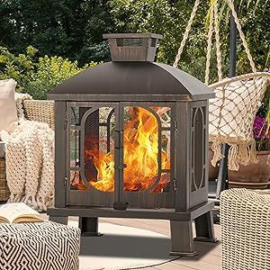 Pergola Around Fire Pit, Back Patio With Fire Pit, Outside Wood Stove, Porch Fire Pit, Metal Chiminea, Fire Pit With Grill, Chiminea Fire Pit, Outdoor Wood Burning Fireplace, Mesh Screen Door