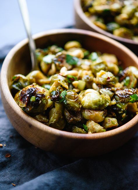 Roasted Brussels sprouts tossed with spicy Kung Pao sauce! Delicious. cookieandkate.com Kung Pao Brussel Sprouts, Brussel Sprouts Appetizer, Kung Pao Sauce, Popular Chinese Dishes, Veggie Ideas, Cookie And Kate, Roasted Sprouts, Tofu Dishes, Roasted Brussels Sprouts