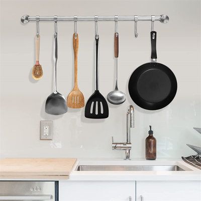 Kitchen With Hanging Pots And Pans, Hanging Saucepans Kitchen, Kitchen Pan Hanger Hanging Racks, Pan Hooks Kitchen Hanging Pots, Kitchen Pots Amd Pans Hanger, Clutter Free Kitchen, Pan Rack, Pot Rack Hanging, Storage Places