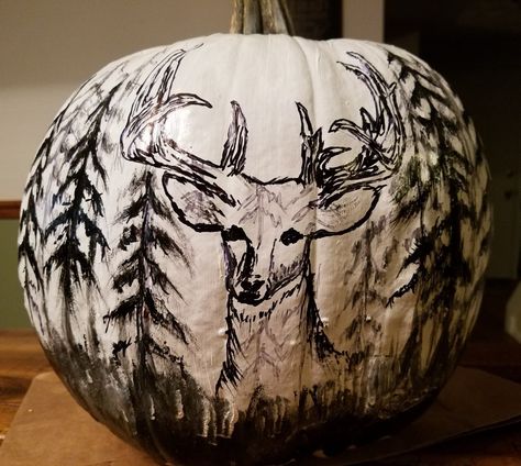 Deer in the woods pumpkin🎃🦇🌘🌜🔥😎 Pumpkin Carving Ideas Deer, Deer Pumpkin, Deer In The Woods, Cute Pumpkin Carving, Pumpkin Arrangements, Pumpkin Carving Ideas, Anniversary Party Decorations, Deer Painting, Painted Pumpkin