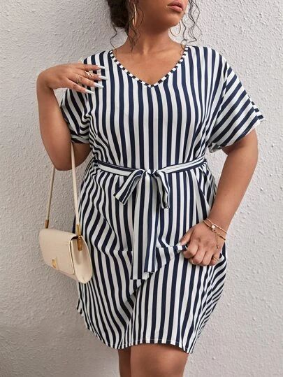 Plus Geo Print Ruffle Hem Belted Dress | SHEIN USA Striped Tunic, Geo Print, White Casual, Belted Dress, Dolman Sleeve, Ruffle Hem, Dress P, Criss Cross, Plus Size Dresses