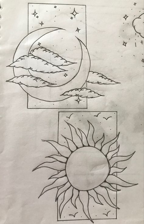 Cool Sun And Moon Drawings, Simple Sun And Moon Painting, Sun And Moon Sketch Simple, Sun And Moon Doodle Art, Moon And Sun Sketch, Moon And Sun Drawing Simple, Sun And Clouds Painting, Moon Drawing Pencil Sketches, Half Sun Drawing