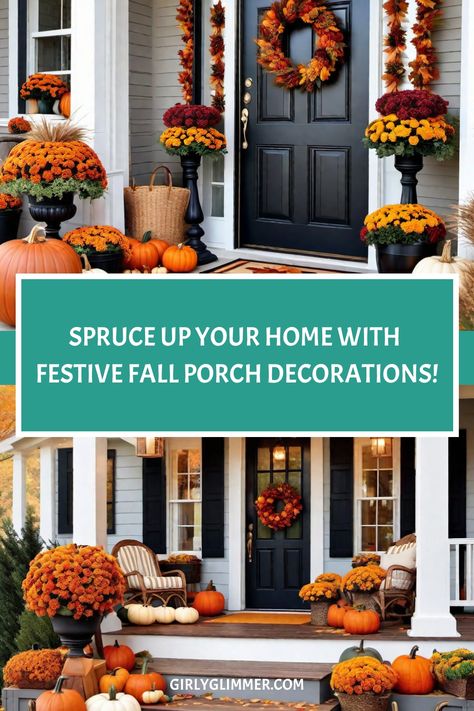 Festive fall porch decorations featuring pumpkins, sunflowers, and chrysanthemums around a black front door. Text reads, "SPRUCE UP YOUR HOME WITH FESTIVE FALL PORCH DECORATIONS!" Fall Porch Leaners, Front Door Apartment Decor, Fall Front Steps, Fall Porch Signs, Fall Outside Decor, Cozy Front Porch Ideas, Fall Porch Decorations, Porches Ideas, Fall Porches