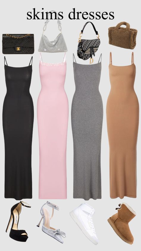 Skim Dress Outfit, How To Style Skims Long Dress, Grey Skims Dress Outfit Ideas, Skims Dress Outfit Ideas, Overdressed Outfits, Black Skims Dress Aesthetic, Fits Everybody Skims, Dress Into Skirt, Skims Fits Everybody Slip Dress