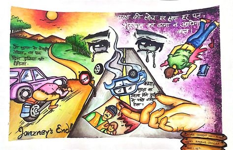 Made by My Student Dipanshu Pandey Road Safety Drawing, Drawing Ideas For Competition, Drawing Competition Topics, Safety Drawing, Kids Drawing Projects, Road Safety Poster, Elementary Drawing, Earth Day Drawing, Poster Competition