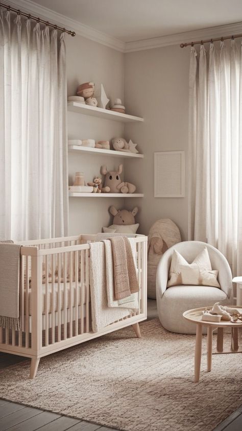 Nursery With Windows, Beige And Cream Nursery, Neutral Baby Girl Room, Small Girl Nursery Ideas, Neutral Baby Room Colors, Baby Room Small Space, Simple Nursery Themes, Nursery Room Inspiration Girl, Baby Room Girl Ideas