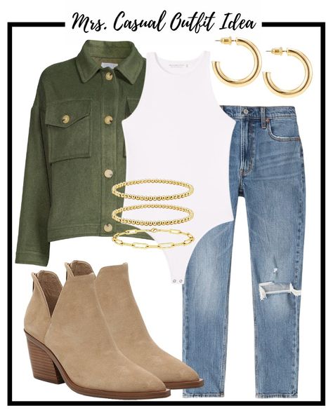 Week’s Worth of MrsCasual Outfit Ideas Outfit Miercoles, Fall Bodysuit Outfit, Green Shacket, Bodysuit Jeans, Outfit Otoño, Beige Boots, Classic Style Outfits, Denim Jacket With Dress, Body Suit Outfits