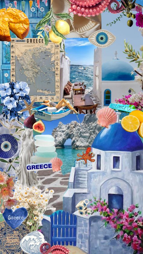 #greeceaesthetic #greece #summer #greecesummer #girlsummer #beach #blue #aesthetic Beach Blue Aesthetic, Greece Wallpaper, Aesthetic Shuffles, Artsy Background, Art Alevel, Greek Blue, Travel Collage, Greece Summer, Bow Wallpaper