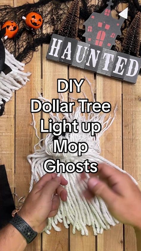 2023 Dollar Tree Halloween Crafts, Dollar Tree Rope Ghost, Mummy Dust Ghost, Dollar Tree Mop Ghost, Mop Head Ghost Diy, Dollar Tree Ghost Wreath, Dollar Tree Mop Head Ghost, Mop Ghost, Dollar Store Halloween Crafts Diy