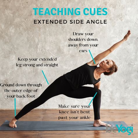 Cues for your students to ensure extended side angle pose is done properly. Share this with your students! . #extendedsideangle #sideangle #chestopener #yogaposes #beyogi #yogagram #insurance #yogainspiration #meditation #lovewhatyoudo #yogalife #yogapractice #yogainstructor #yogaeverydamnday Yoga Cues, Yoga Knowledge, Yoga Sequencing, Side Angle Pose, Yoga Teacher Resources, Yoga Information, Yoga Sculpt, Side Angle, Yoga Anatomy